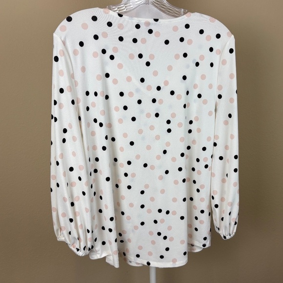 Adrianna Papell Off White with Black/Pink Polka Dots Long Sleeve Pullover Blouse - Picture 6 of 10